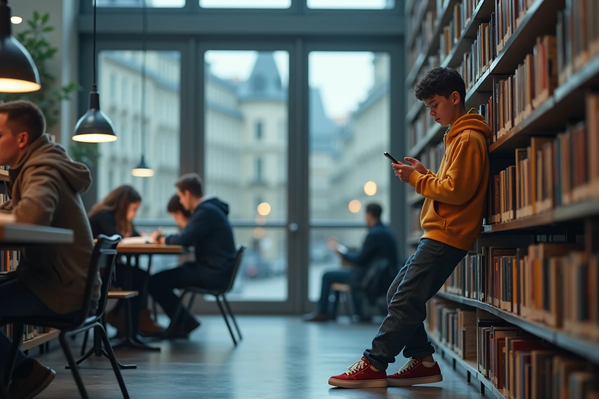 Adolescent lisant One Piece dans une bibliothèque lumineuse