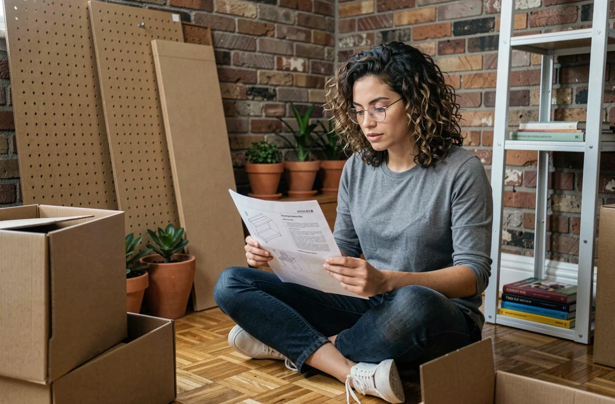 Femme assemblant des meubles en kit dans un coin bureau à domicile en cours d'aménagement
