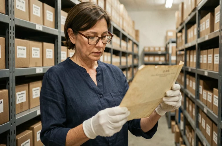 Archiviste femme examinant un document historique jauni avec des gants blancs dans une salle d'archives