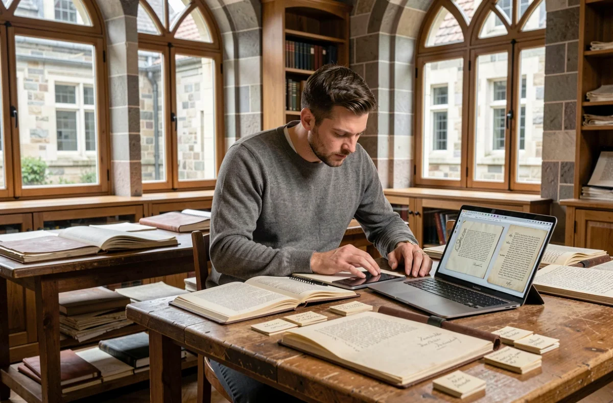 Archiviste masculin travaillant entre documents anciens et outils numériques dans une salle de lecture universitaire