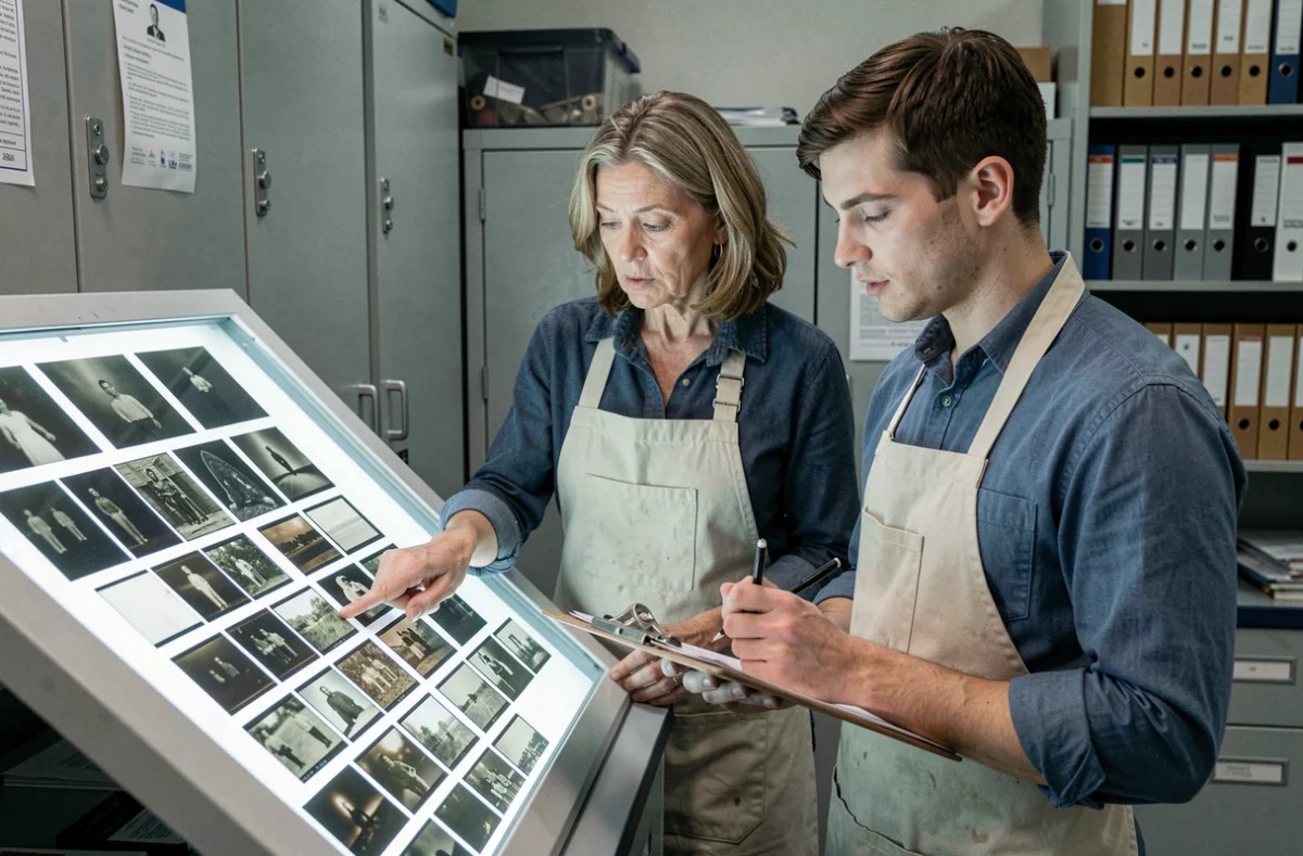 Deux archivistes examinant des négatifs photographiques anciens sur une table lumineuse dans un laboratoire de conservation