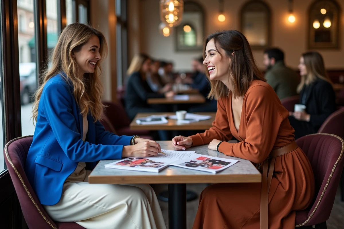 Deux femmes branchées discutant de tendances mode autour de magazines et d'échantillons de tissus dans un café urbain