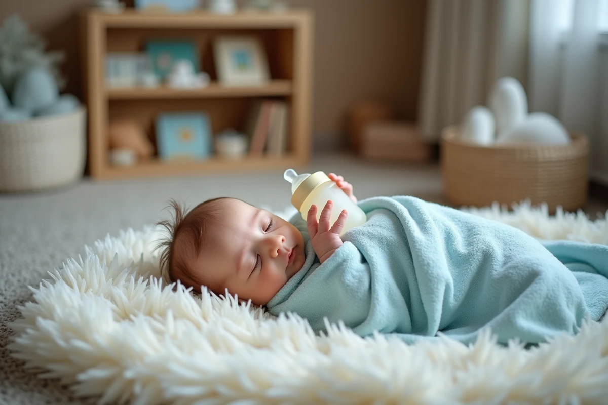 Bébé endormi dans une couverture bleue dans une nurserie apaisante