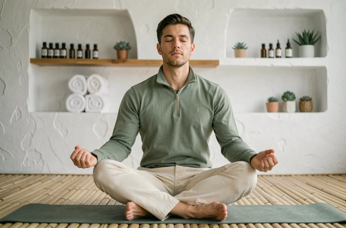 Homme en tenue bien-être pratiquant la méditation dans un studio de yoga apaisant aux murs blancs et au sol en bambou
