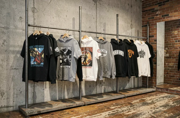 Boutique urbaine présentant la collection Bullrot avec des vêtements streetwear audacieux exposés sur des racks métalliques industriels