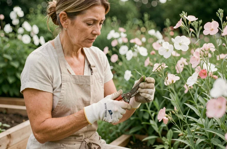 Femme réalisant un bouturage de gaura dans un jardin en été, tenant une tige entre ses doigts gantés avec des ciseaux de jardinage