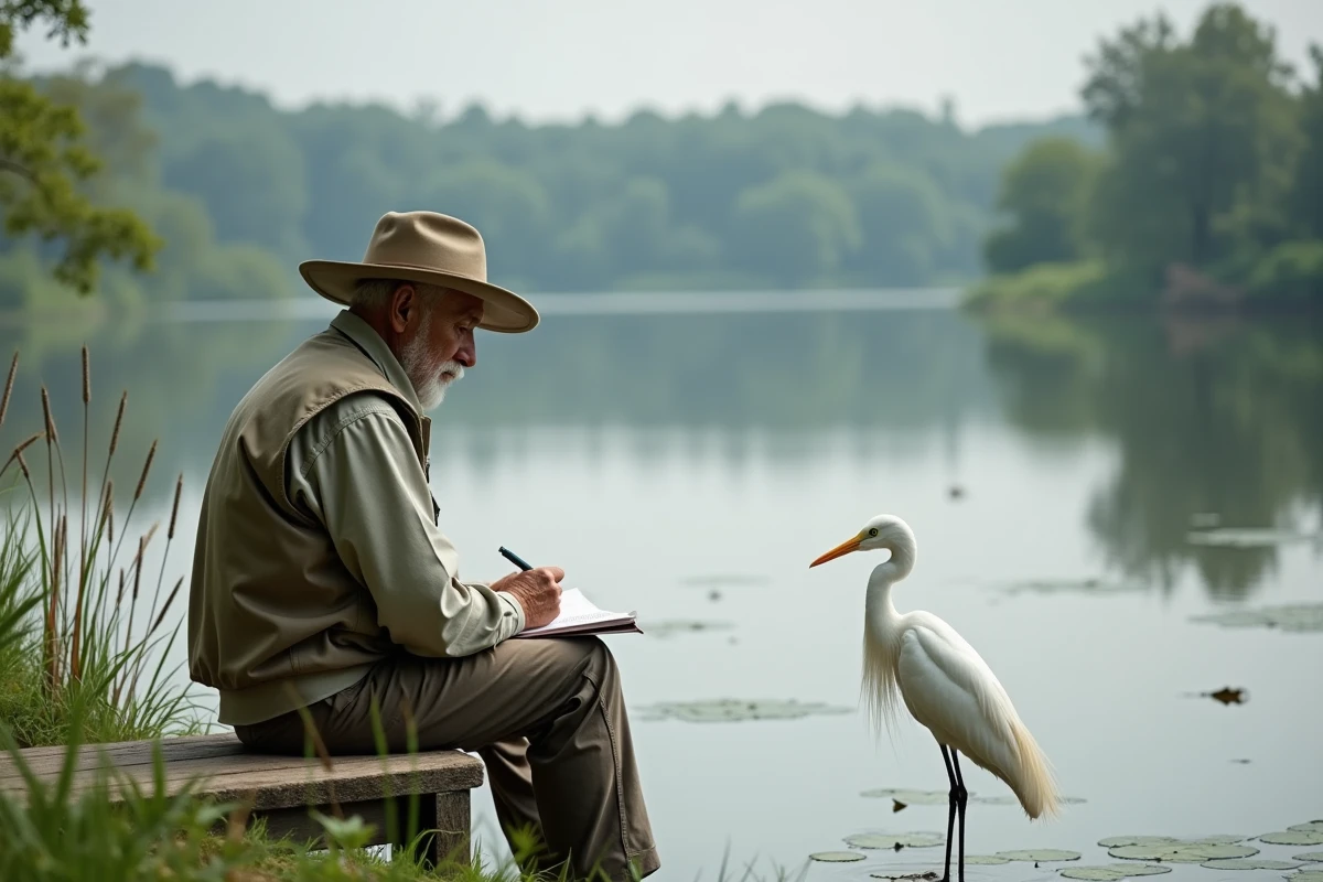 Chercheur observant un héron au bord du lac