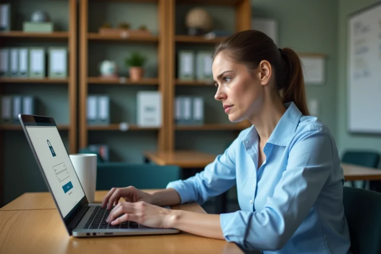 Enseignante tentant de se connecter au webmail AC Rennes sur un ordinateur portable dans une salle des professeurs