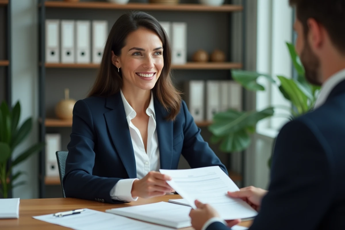 Conseillère bancaire passant un avis fiscal à un client dans un bureau moderne