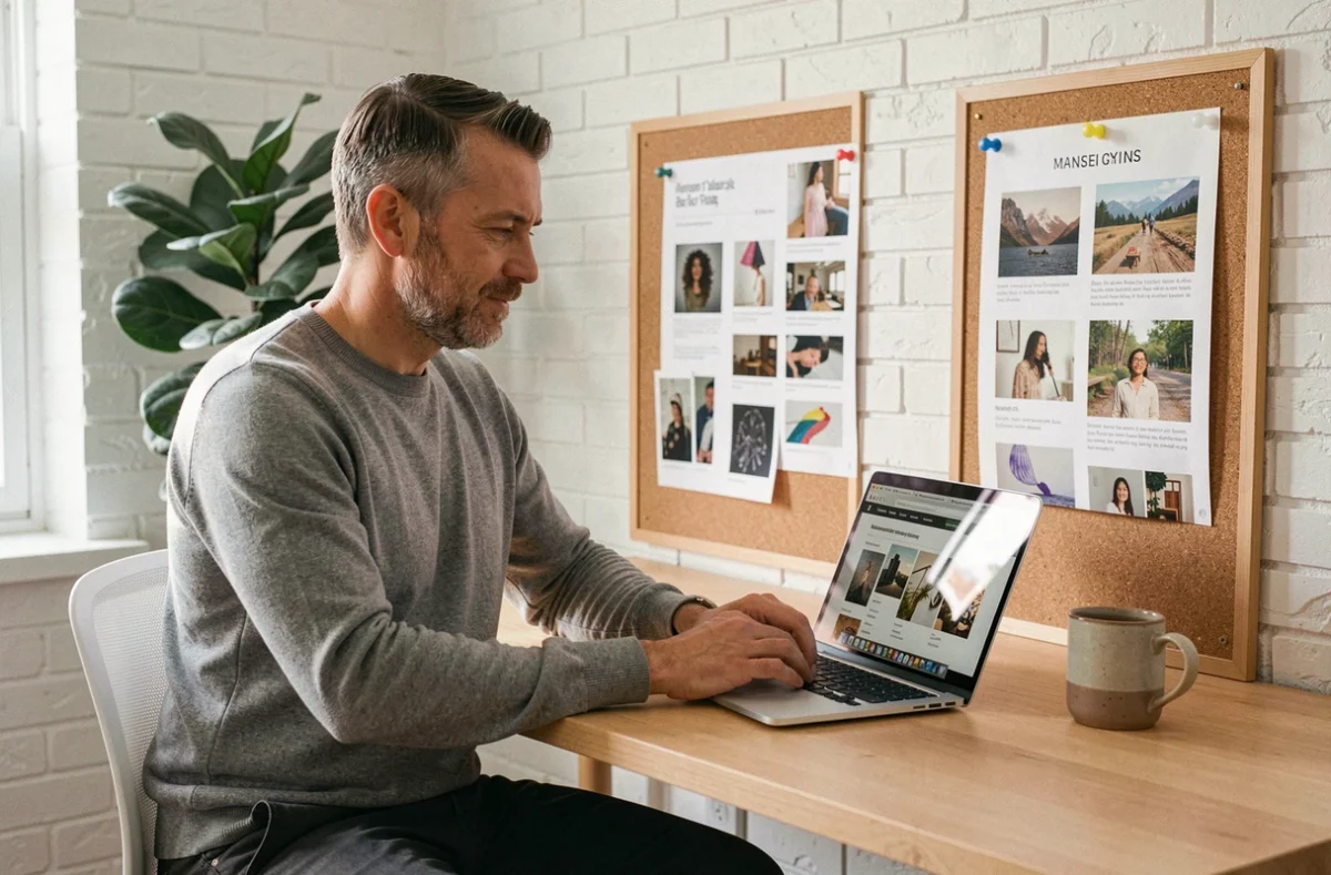 Entrepreneur consultant explorant une plateforme d'art contemporain en ligne pour enrichir sa stratégie marketing digitale