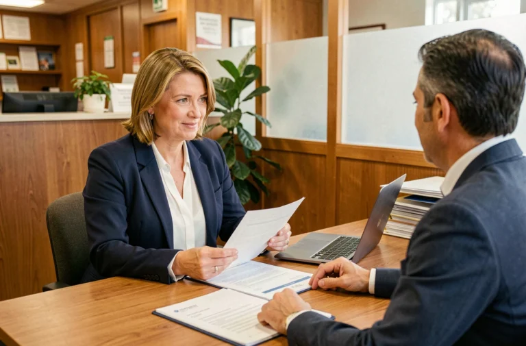 Femme consultant un conseiller en banque locale pour un prêt immobilier, documents hypothécaires sur le bureau