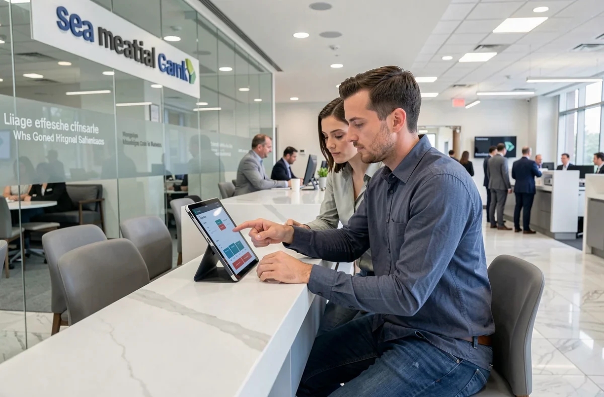 Couple comparant les offres de prêt immobilier dans une grande banque nationale sur tablette