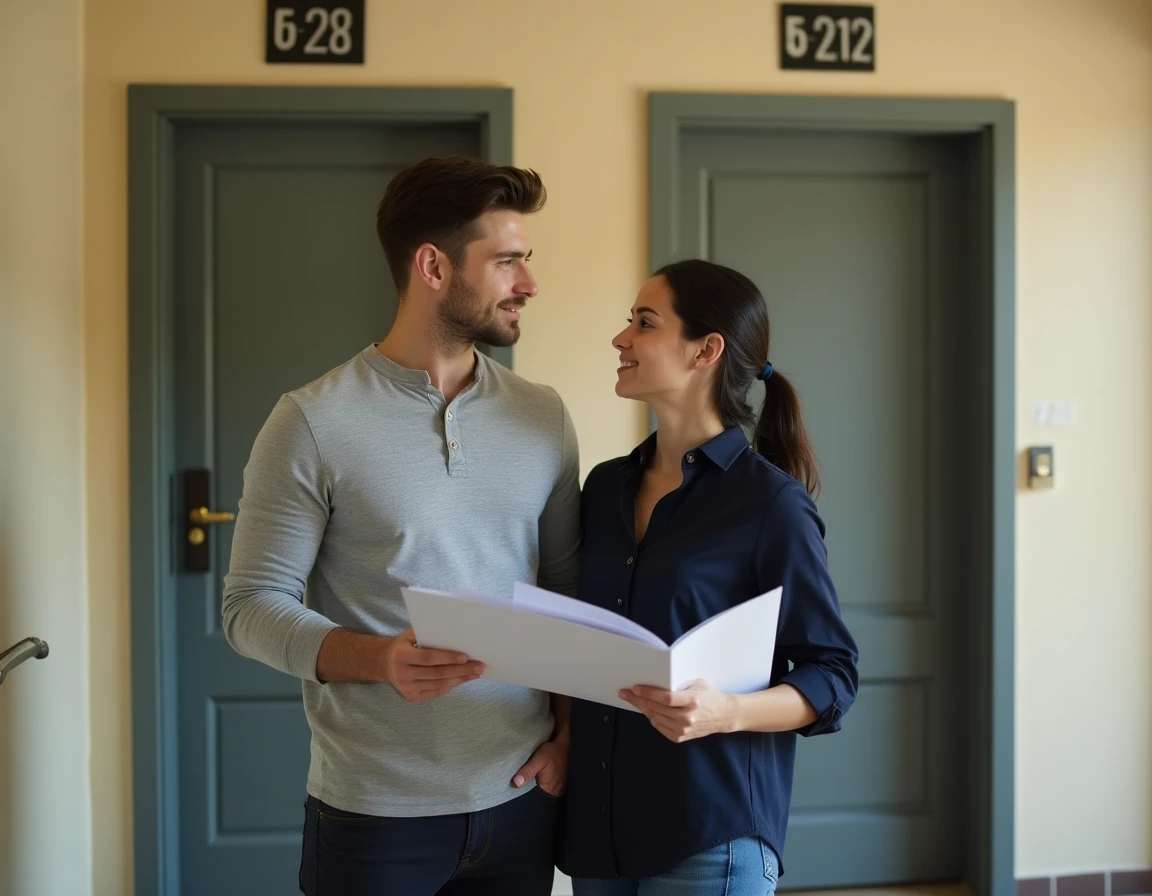 Couple tenant des documents administratifs devant deux portes d'appartements symbolisant le cumul d'APL