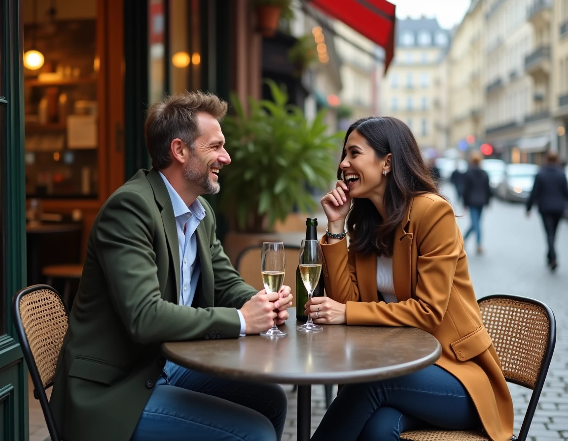 Couple souriant partageant une coupe de champagne en terrasse de bistrot parisien, évoquant une célébration de fiançailles romantique