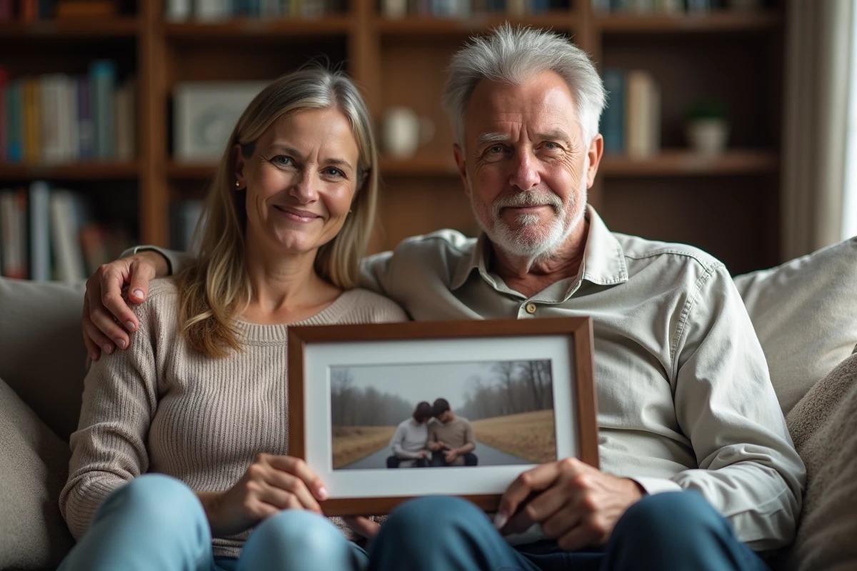 Un couple regardant des photos dans un salon chaleureux