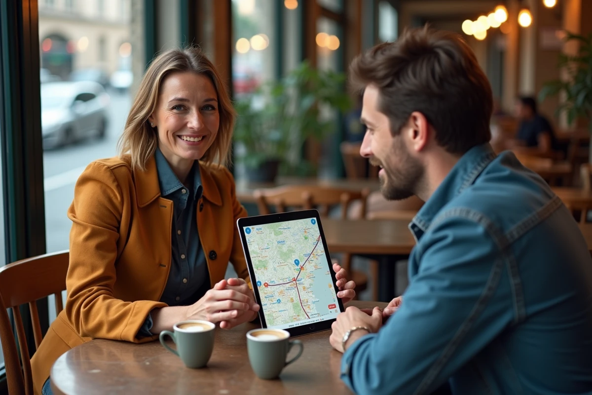 Couple planifiant un voyage routier ensemble sur une tablette dans un café français