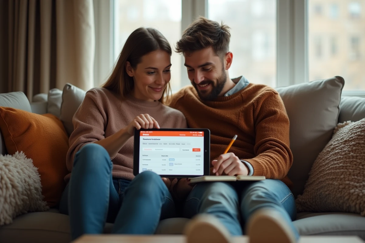 Couple planifiant une réservation de voyage avec paiement en plusieurs fois sur une tablette