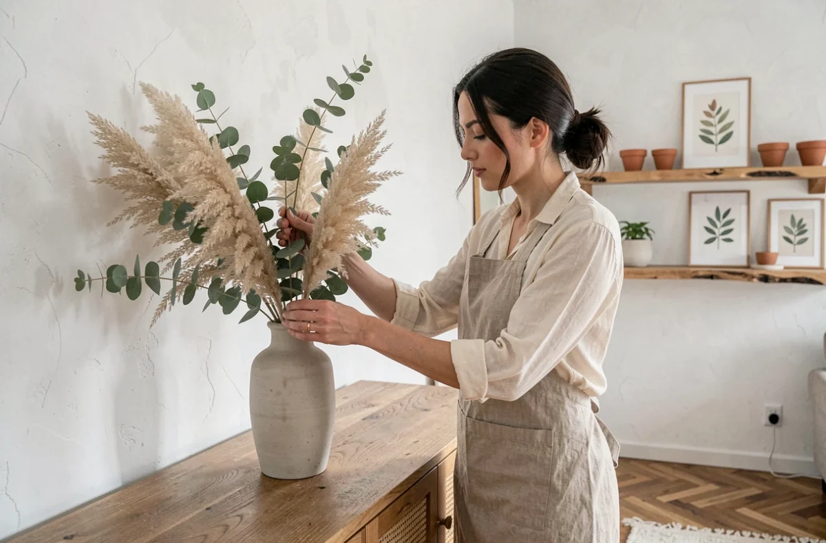Femme arrangeant des fleurs séchées dans un vase en céramique pour décorer un salon scandinave
