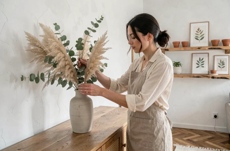 Femme arrangeant des fleurs séchées dans un vase en céramique pour décorer un salon scandinave