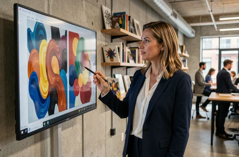 Directrice marketing présentant une stratégie basée sur l'art contemporain devant un écran numérique dans un bureau moderne