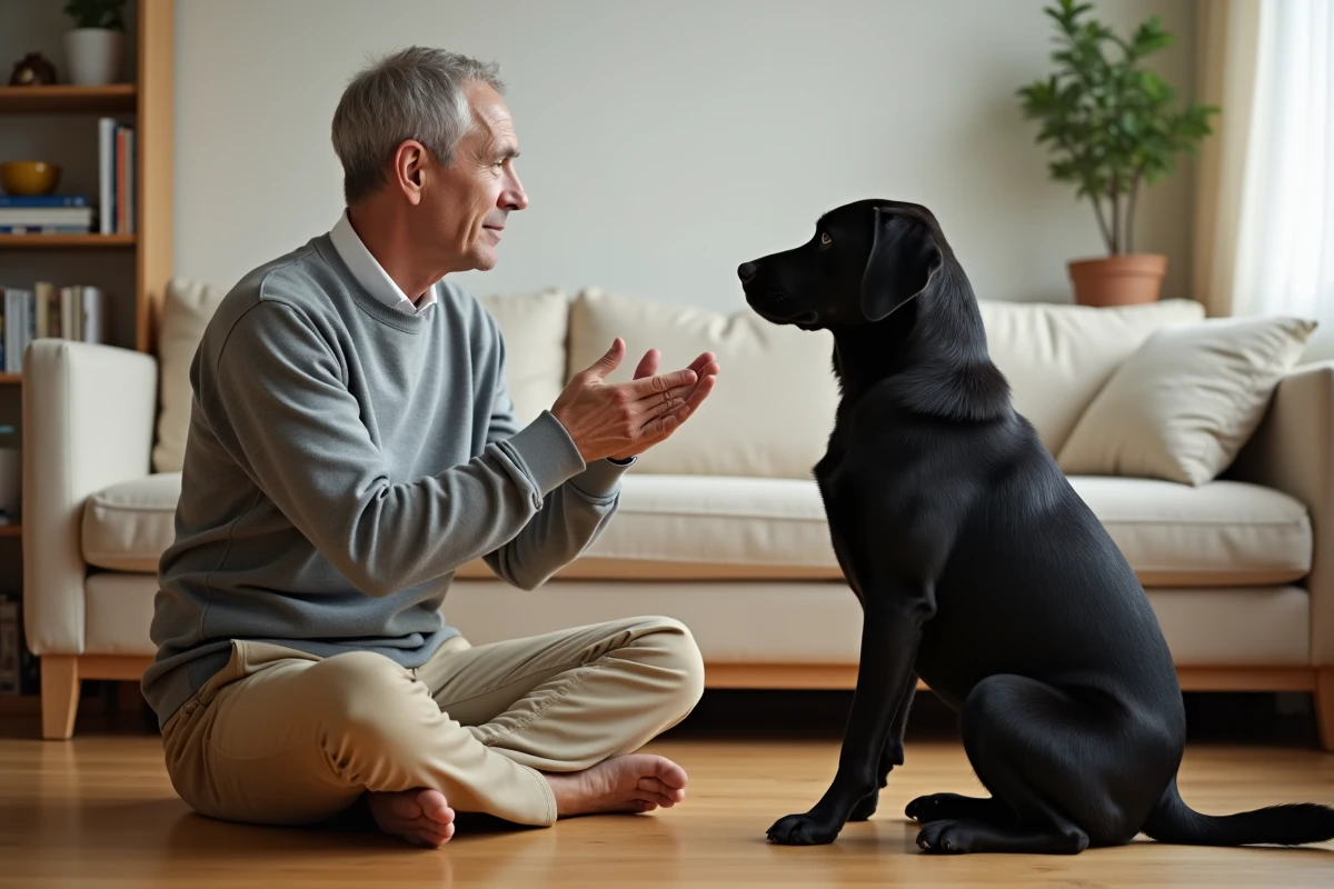 Homme assis sur le parquet qui entraîne son labrador noir avec des signaux manuels dans un salon chaleureux, approche positive du dressage canin