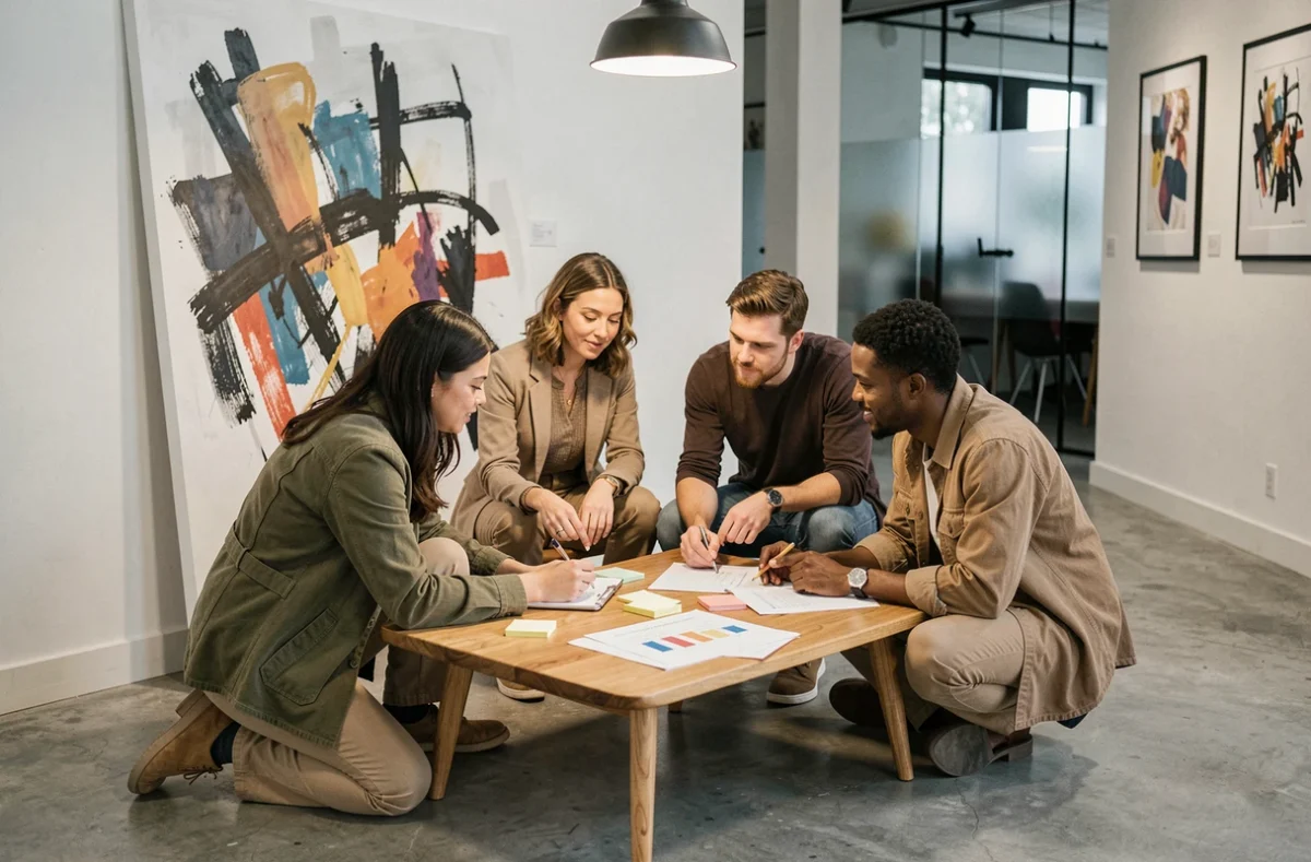 Équipe créative analysant l'intégration de l'art contemporain dans une campagne marketing autour d'une toile abstraite
