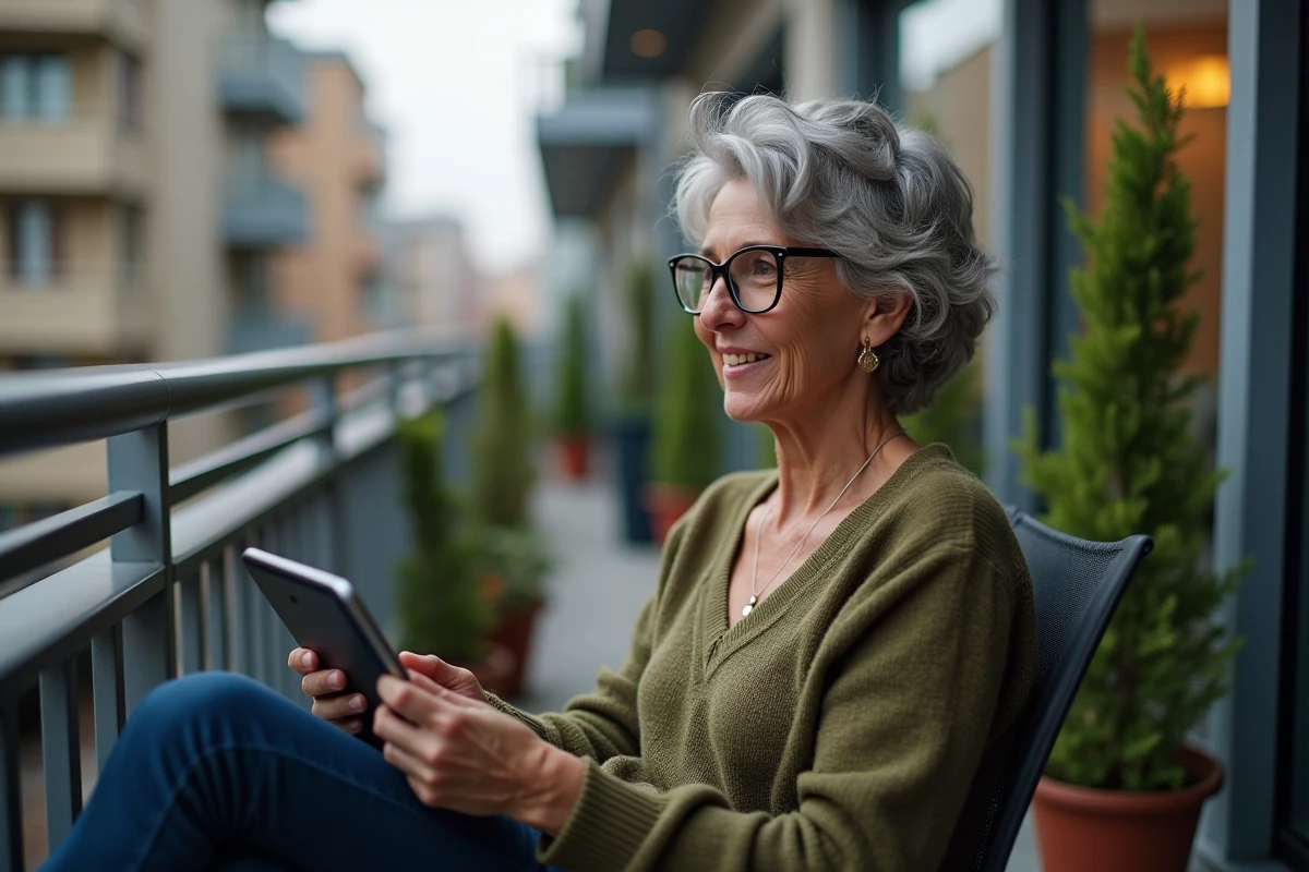 Femme relaxant sur un balcon urbain regarde un match de basketball