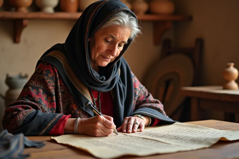 Femme berbere en tenue traditionnelle regardant un arbre généalogique ancien