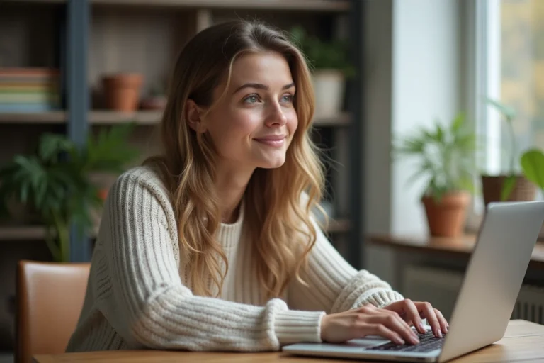 Jeune femme concentrée travaillant sur son ordinateur dans un bureau cosy