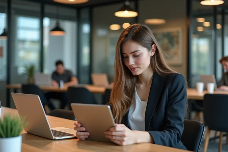 Jeune femme concentrée utilisant une tablette dans un espace de coworking