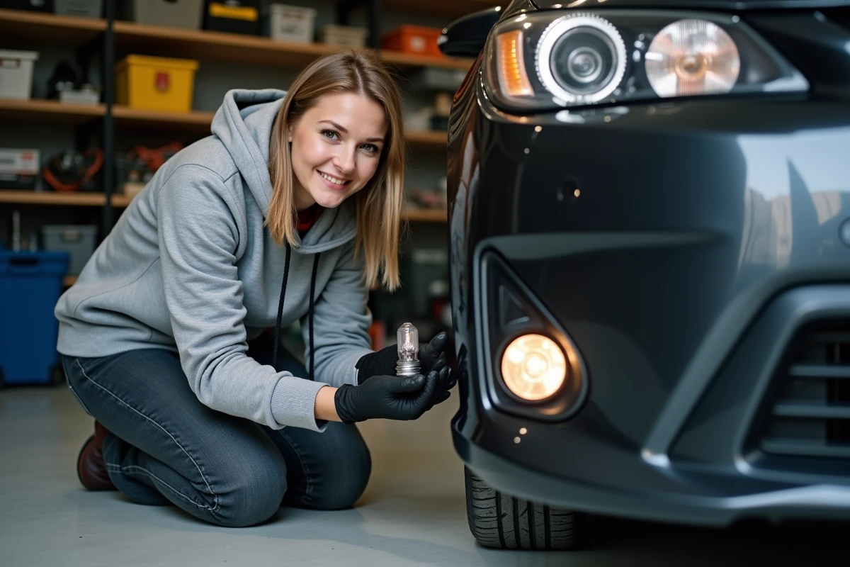 Femme dans un garage change un phare de voiture