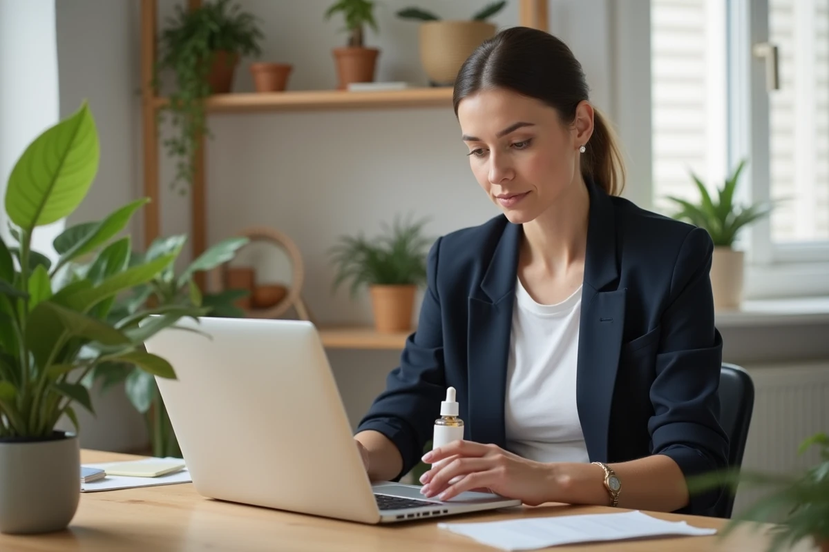 Femme comparant des marques de cosmétiques sur ordinateur portable dans un bureau à domicile