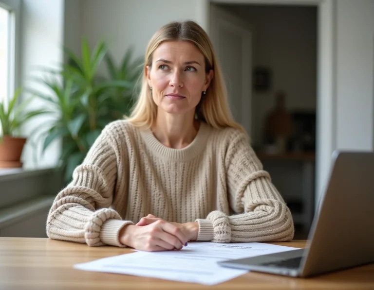 Femme consultant des documents d'aide au logement APL sur une table en bois dans un appartement