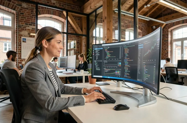 Femme professionnelle travaillant sur un écran de données dans un espace de coworking moderne à Strasbourg, tendances numériques en Alsace