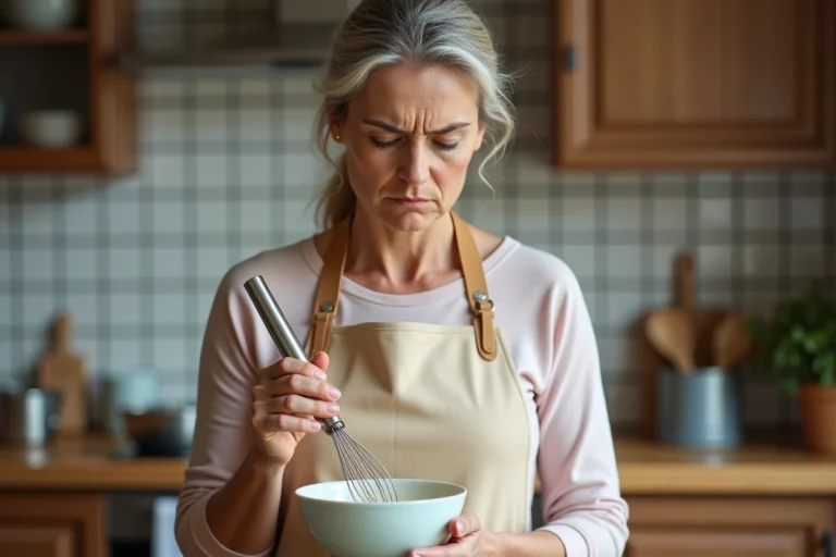 Femme en tablier pastel examine une crème dans un bol