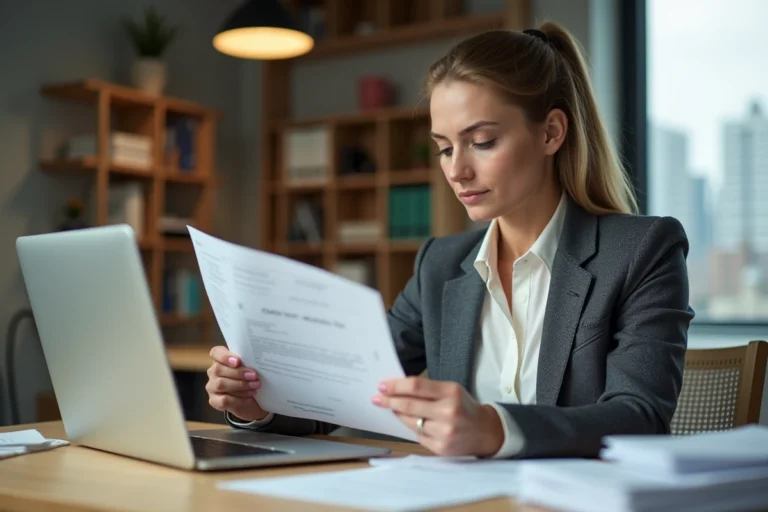 Femme d affaires examine documents financiers dans un bureau lumineux