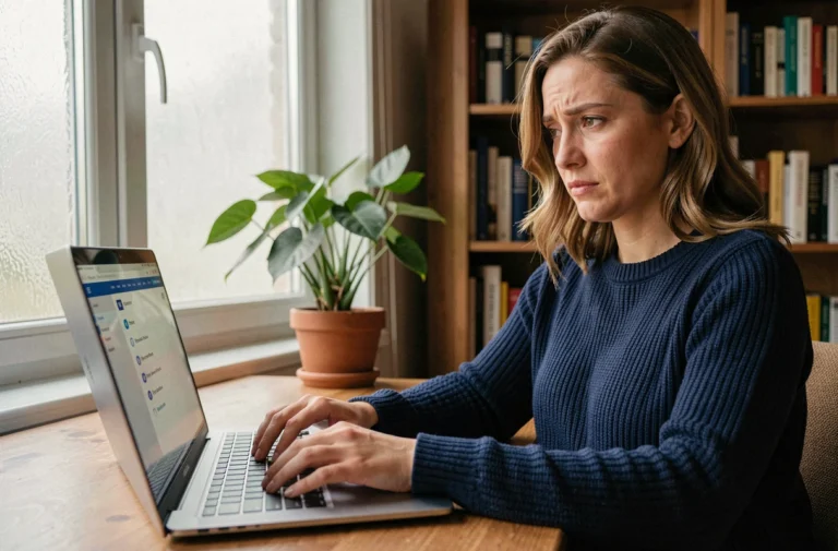 Femme consultant les paramètres de confidentialité sur son ordinateur portable dans un bureau à domicile