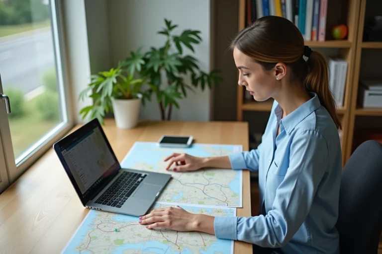 Femme planifiant un itinéraire routier avec une carte et un ordinateur portable sur ViaMichelin