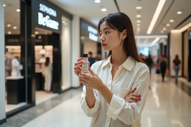 Jeune femme tenant un produit de soin devant l'entrée d'une boutique Sephora dans un centre commercial