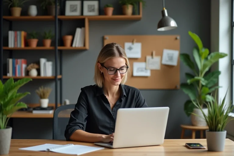 Femme professionnelle concentrée sur son ordinateur dans un bureau créatif