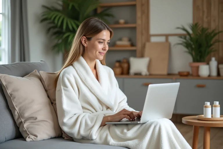 Femme en robe blanche confortablement assise sur un sofa