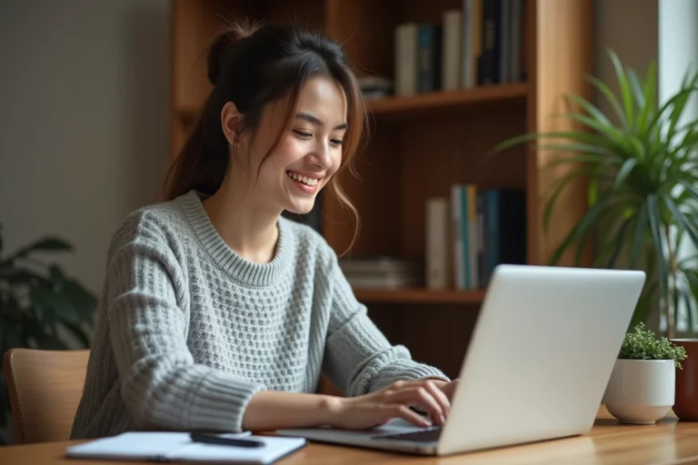 Femme travaillant sur son ordinateur portable depuis chez elle pour gagner de l'argent en ligne facilement