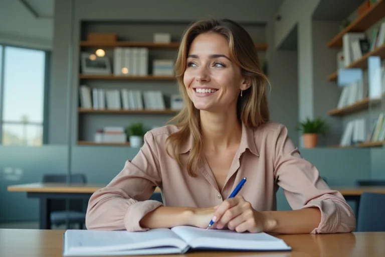 Femme concentrée en formation dans une salle moderne