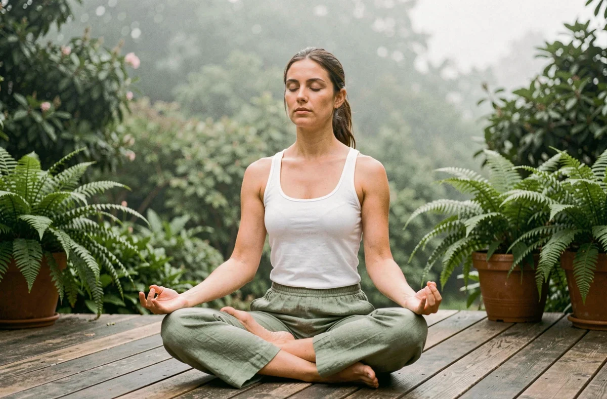 Femme pratiquant le yoga matinal en plein air sur une terrasse en bois entourée de plantes vertes pour améliorer son bien-être naturellement