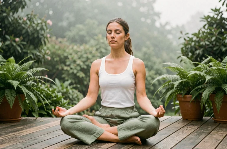 Femme pratiquant le yoga matinal en plein air sur une terrasse en bois entourée de plantes vertes pour améliorer son bien-être naturellement