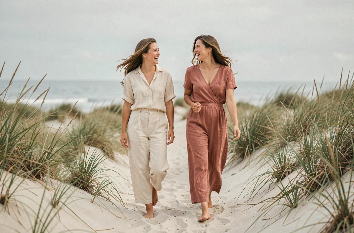 Deux femmes se promenant pieds nus sur un sentier côtier en riant, symbolisant la détente et le bien-être naturel au quotidien