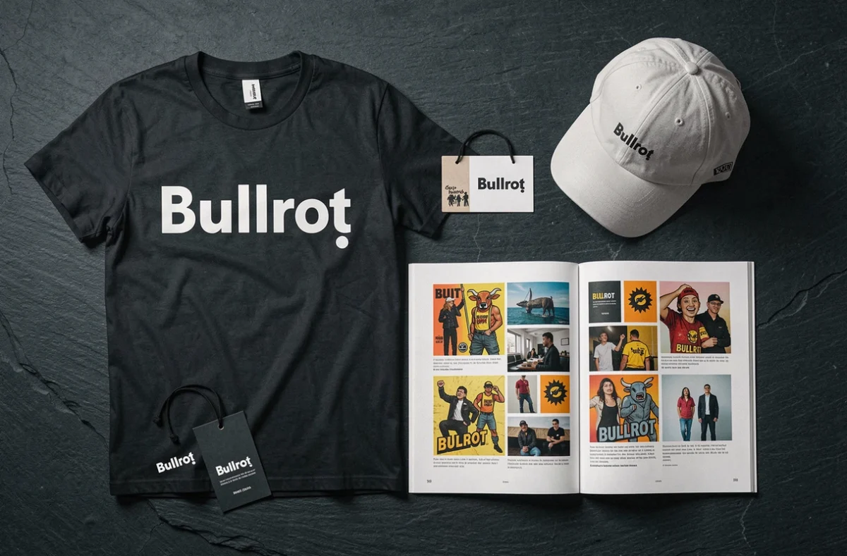 Flat lay éditorial des éléments d'identité de la marque Bullrot incluant un tee-shirt, une casquette et un lookbook sur ardoise sombre