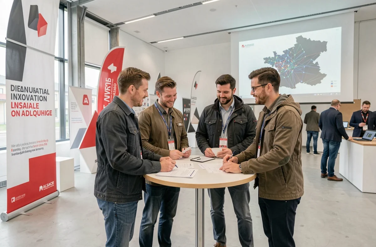Groupe de professionnels du numérique en session de brainstorming lors d'un événement d'innovation technologique en Alsace