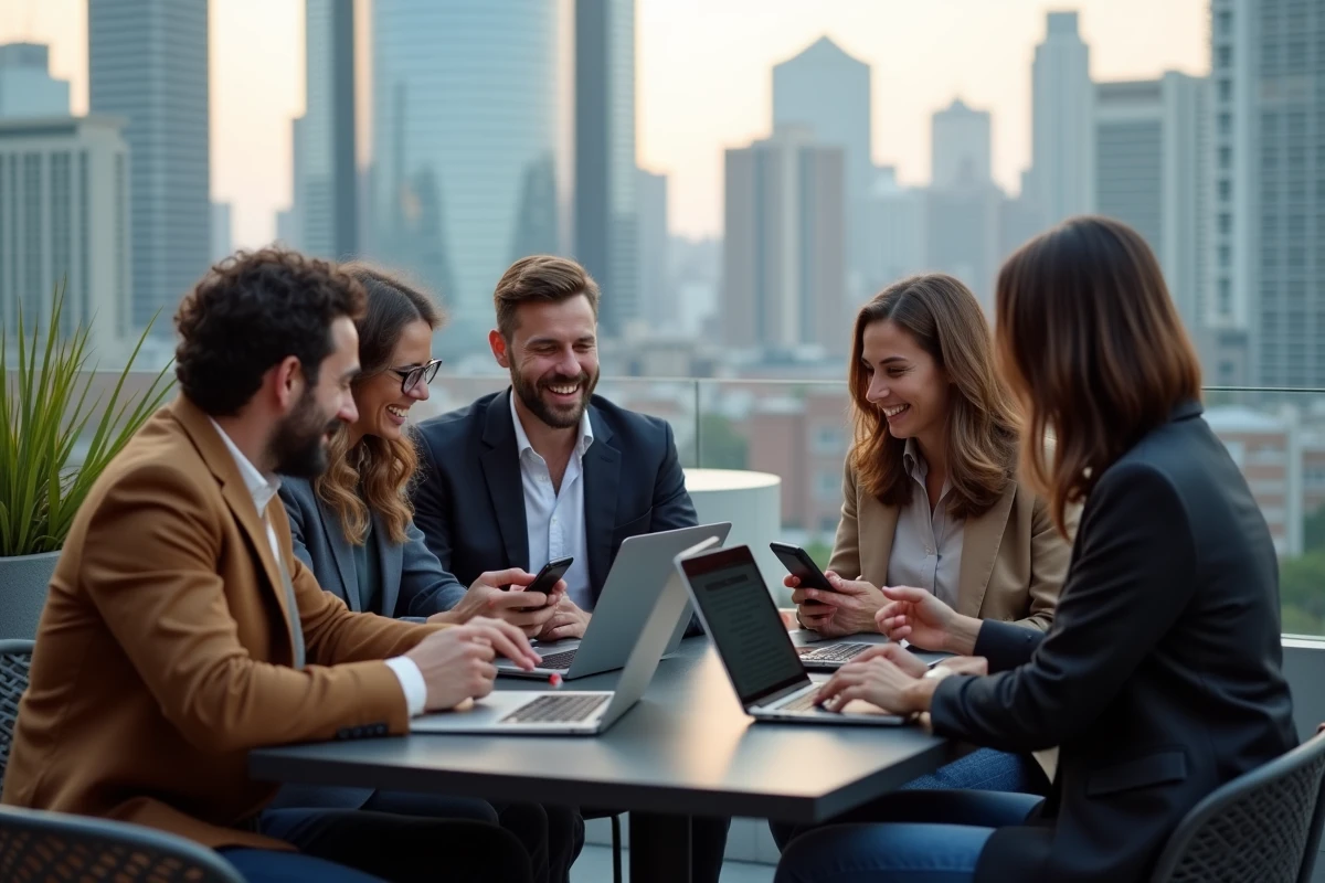 Groupe de jeunes professionnels discutant en extérieur sur un rooftop urbain