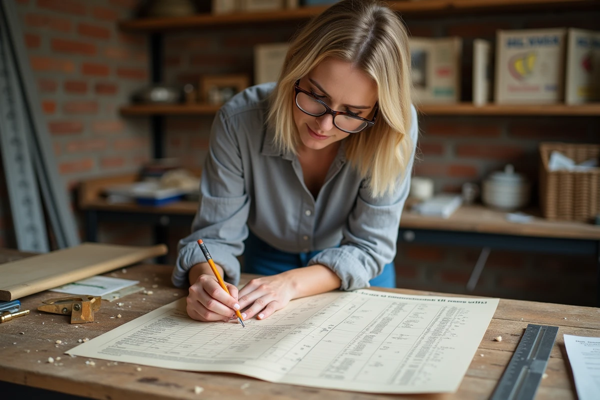 Femme consultant un guide de dimensions Velux ancienne génération sur un établi d'atelier de rénovation